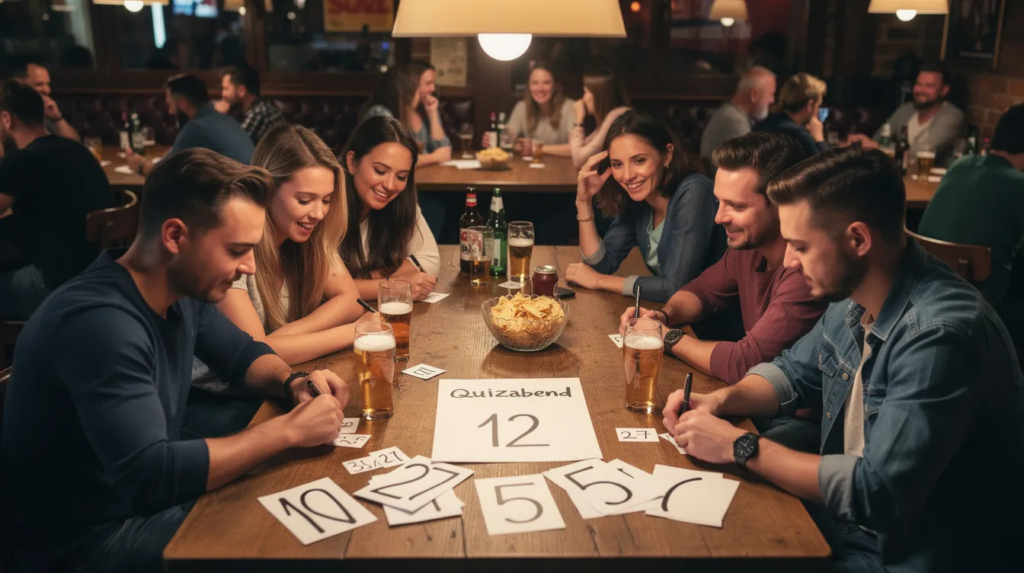 Schätzfragen: Die besten Ideen für das nächste Quiz 1 Eine Gruppe von Freunden sitzt an einem Tisch und schreibt während eines Quizabends Zahlen auf Zettel, während sie sich mit Fragen zu verschiedenen Themen auseinandersetzen. Die Atmosphäre ist entspannt und voller Spaß, während sie ihr Allgemeinwissen testen und Schätzfragen beantworten.