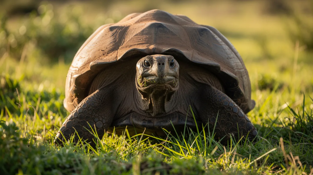 Schätzfragen: Die besten Ideen für das nächste Quiz 2 Eine Nahaufnahme einer großen Galápagos-Riesenschildkröte, die friedlich auf einer grünen Wiese sitzt. Ihr kräftiger Panzer und das faltige Gesicht zeigen die beeindruckende Größe und das Alter dieses faszinierenden Tieres, das in der Welt der Tiere eine besondere Rolle spielt.
