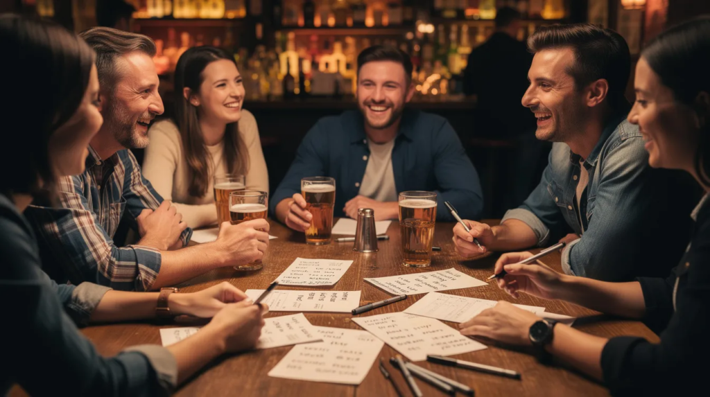 Schätzfragen: Die besten Ideen für das nächste Quiz 4 Eine Gruppe von Freunden sitzt zusammen an einem Tisch in einem Pub und nimmt an einem Quizabend teil. Sie haben Zettel und Stifte vor sich, um ihre Antworten auf die gestellten Fragen zu notieren, während sie Spaß haben und ihr Wissen in verschiedenen Bereichen testen.