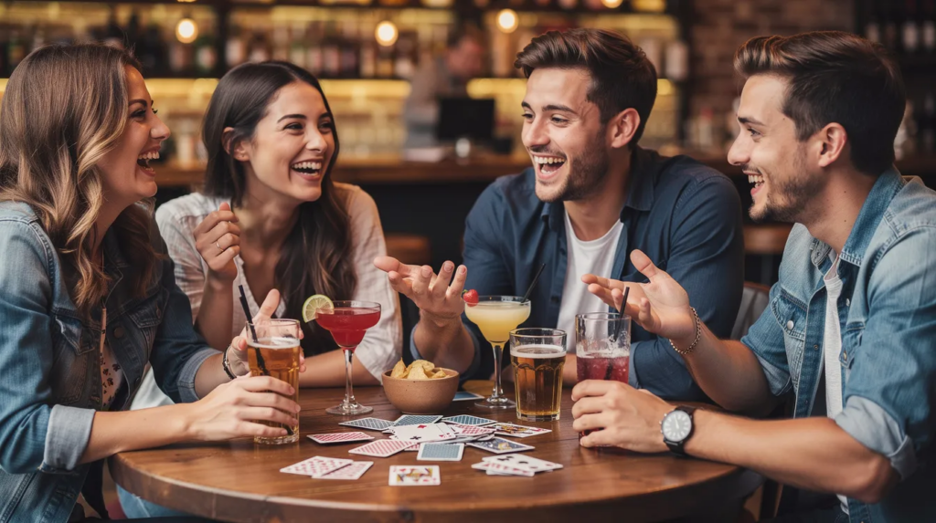 Trinkspiel mit Fragen: Die besten Ideen für eure nächste Party 1 Eine Gruppe junger Erwachsener sitzt lachend an einem Tisch, umgeben von Getränken und Karten, während sie ein Trinkspiel mit Fragen spielen. Die Atmosphäre ist fröhlich und entspannt, perfekt für einen Spieleabend mit Freunden.
