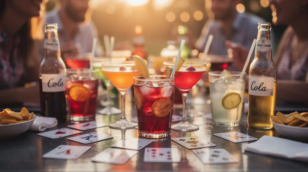 Trinkspiel mit Fragen: Die besten Ideen für eure nächste Party 2 Auf einem Partytisch bei Abendlicht stehen bunte Getränke und Karten für ein Trinkspiel, das Fragen zu intimen Themen wie „Wahrheit oder Pflicht“ und „One Night Stand“ beinhaltet. Die Atmosphäre ist entspannt und fröhlich, ideal für einen Spieleabend mit Freunden.