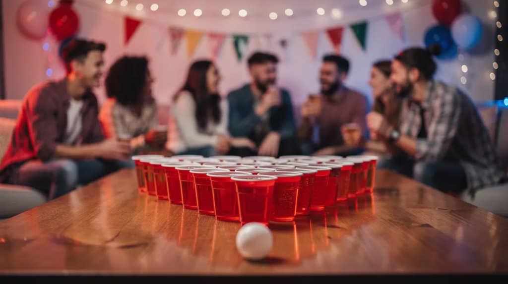 Trinkspiel mit Fragen: Die besten Ideen für eure nächste Party 3 Auf dem Tisch befinden sich rote Beer-Pong-Becher, die in einer typischen Anordnung für ein Trinkspiel aufgestellt sind. Die Atmosphäre ist festlich und es herrscht Vorfreude auf die bevorstehenden Runden mit Freunden, während die Party im vollen Gange ist.