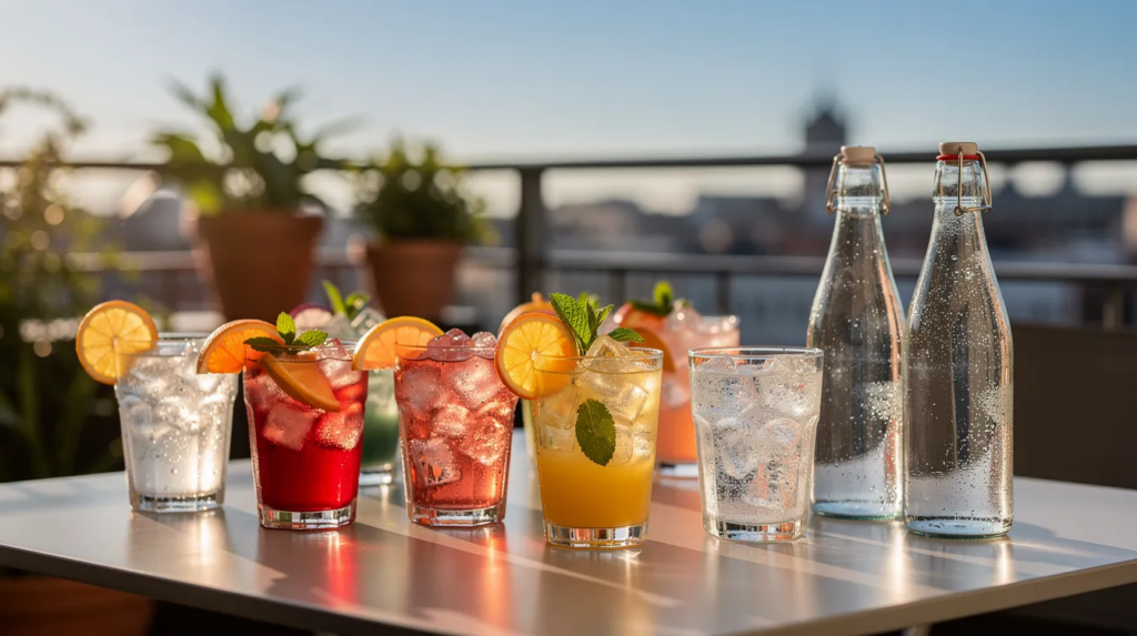 Trinkspiel mit Fragen: Die besten Ideen für eure nächste Party 4 Auf einem Balkontisch im Sommer sind verschiedene Getränke angerichtet, darunter erfrischende Mocktails und Wasser, die eine entspannte Atmosphäre für ein Trinkspiel mit Fragen schaffen. Die Szenerie lädt Freunde ein, gemeinsam Spaß zu haben und sich beim Spielen von „Never Have I Ever“ oder anderen Partyspielen auszutauschen.
