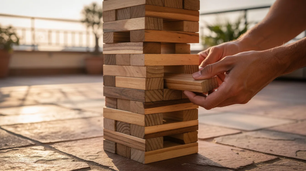 Outdoorspiele für Erwachsene: Die besten Ideen für Garten, Park & Strand 4 Das Bild zeigt einen Jenga Spielturm aus Holz, bei dem zwei Hände einen Holzklotz herausziehen.