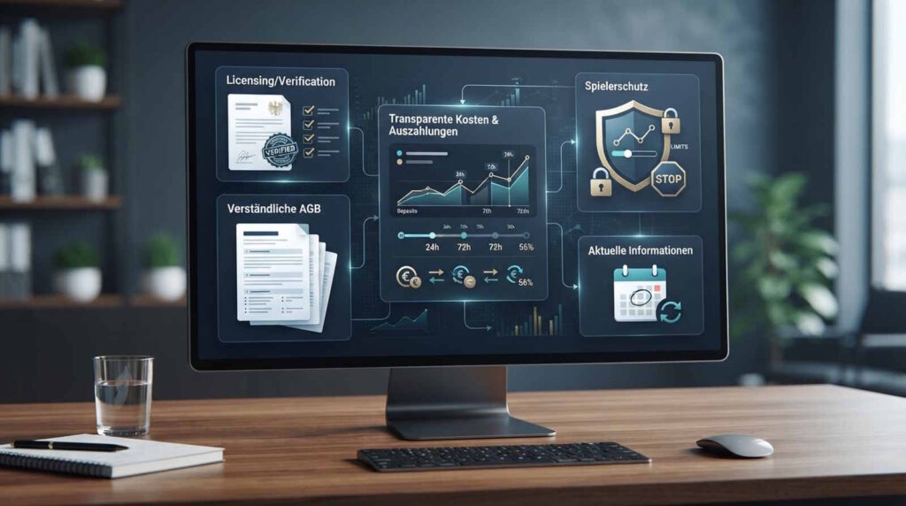 Online Casino Vergleich: Anbieter, Lizenz, Spielerschutz und Auszahlungsbedingungen richtig bewerten 28 Das Bild zeigt einen Desktop mit Merkmalen, die man für einen Online Casino Vergleich heranziehen sollte